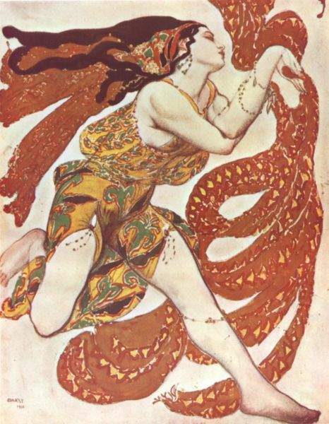 Бакст Лев Самуилович (1866-1924), российский живописец. Член «Мира искусства». С 1909 жил в Париже. Как декоратор Русских сезонов стилизовал античные и восточные мотивы, создавая утонченно-фантастическое зрелище.